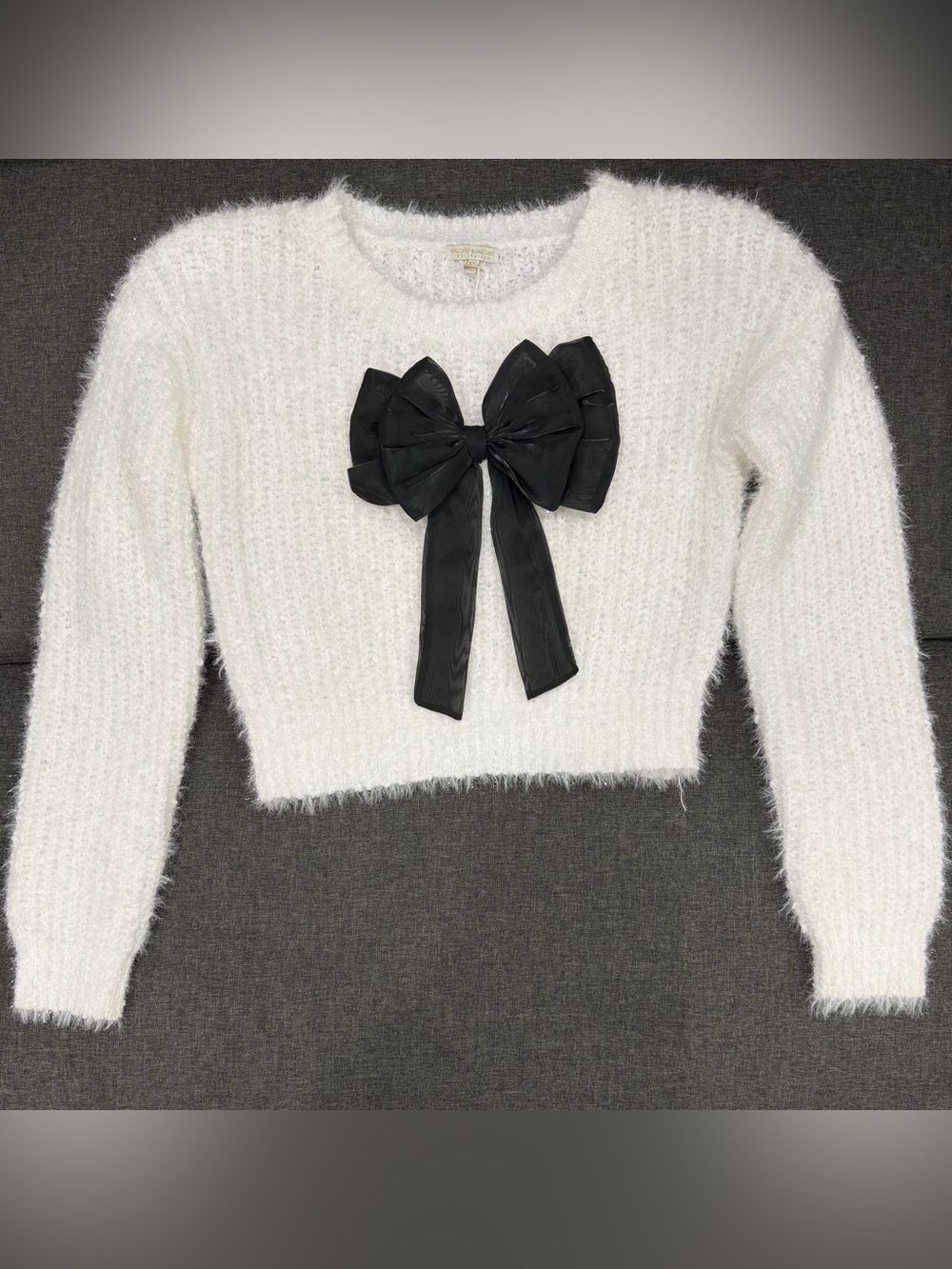 Simply Southern White Fuzzy Crewneck Sweater with Black Bow